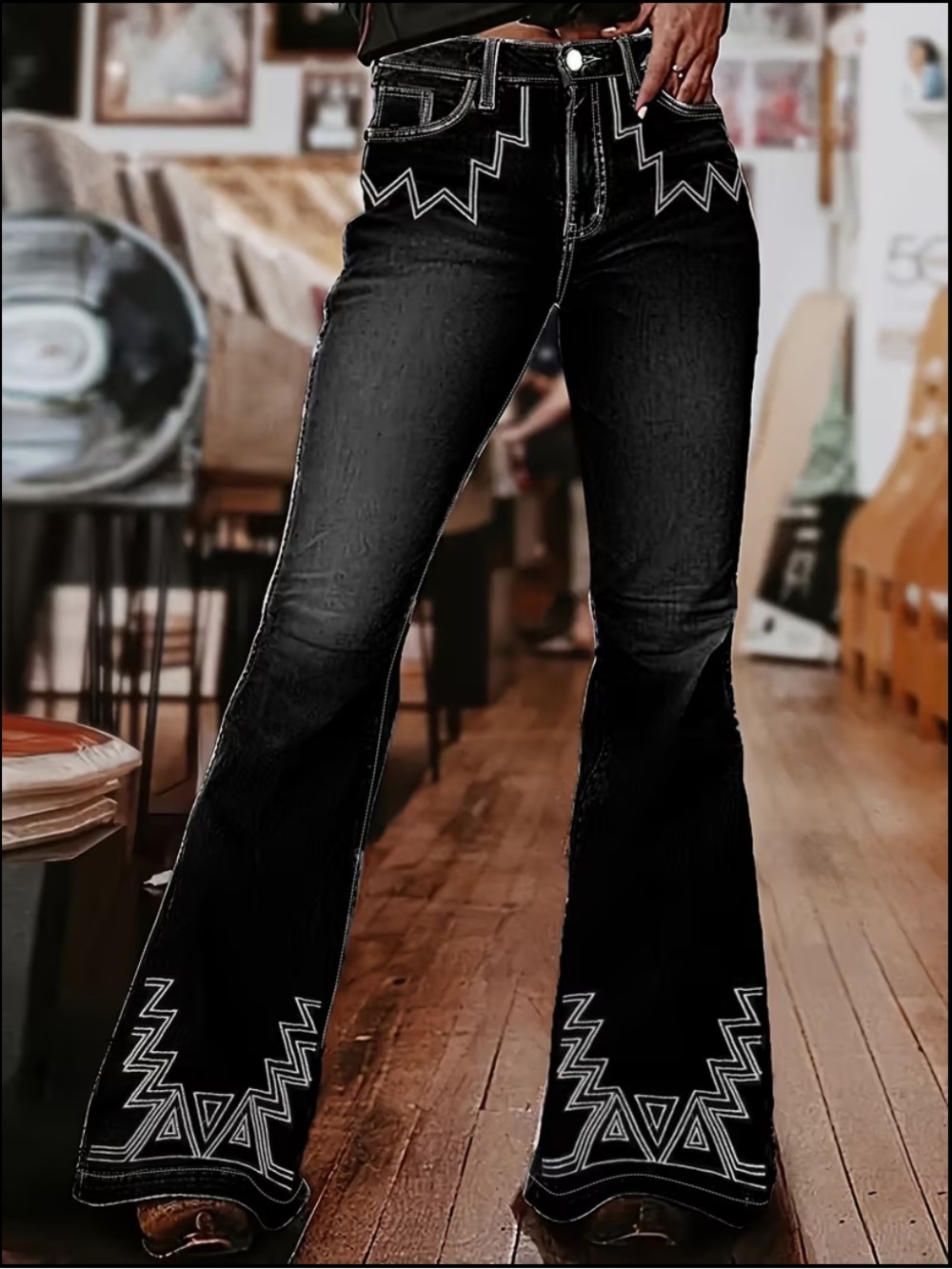 (A16) Embroidered Flare Leg Jeans